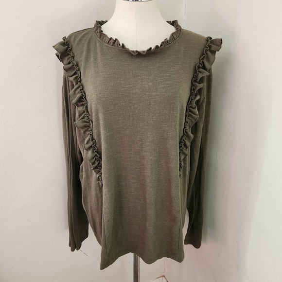Hayden Los Angeles Tops - Hayden Los Angeles Olive Green Ruffle Trim‎ Long Sleeve Knit Top 2XL HY2081W